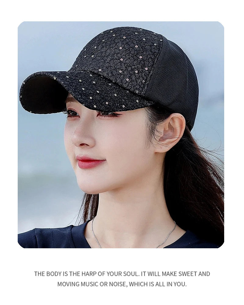 New Women Sequin Solid Baseball Hats Personal Breathable Outdoor Sunshade Casual Mesh Caps Versatile Fashion Korean Comfortable