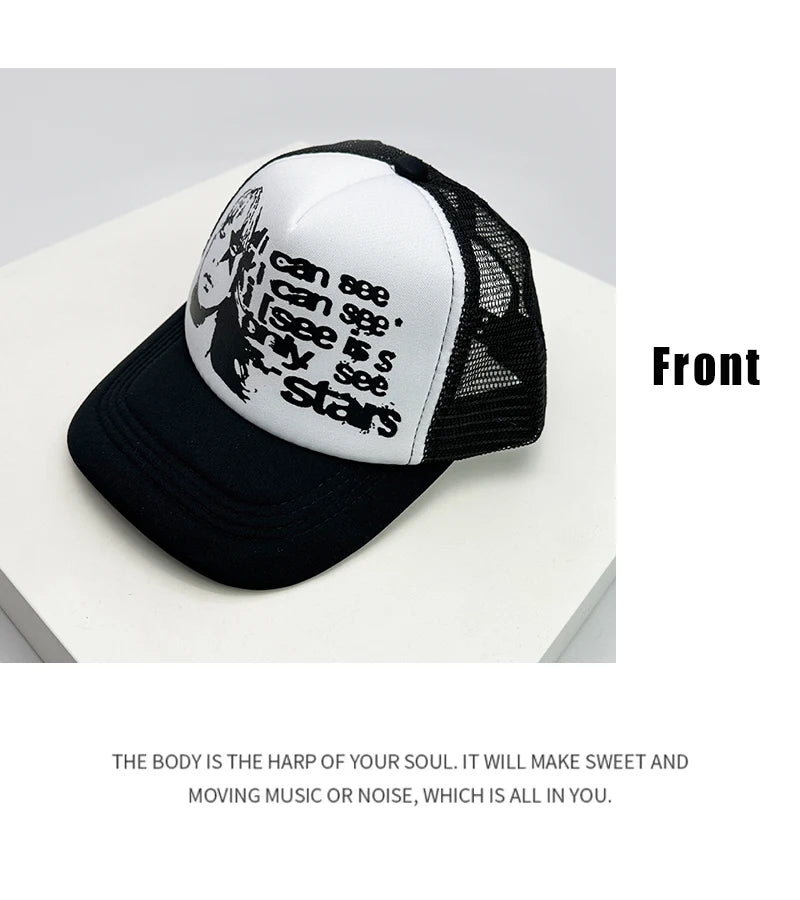 New American Style Men Women Cruise Printed Anime Letter Half Mesh Caps Sunshade Breathable Baseball Hats Versatile Fashion Cute