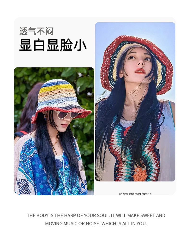 New Women Contrasting Colors Striped Bucket Hats Outdoor Sunshade Travel Breathable Casual Versatile Straw Caps Fashion Braided