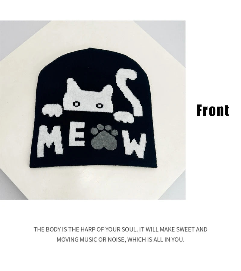 Autumn and Winter New Cartoon Cat Wool Knitted Hats Warm Color Block Hip Hop Versatile Beanies Personal Casual Fashion European