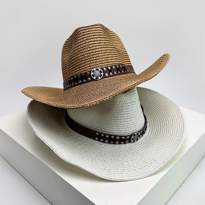 New Unisex Rivet Belt Personal Cowboy Hats Beach Outdoor Travel Sunshade Foldable Straw Caps Versatile British Retro Climb ins