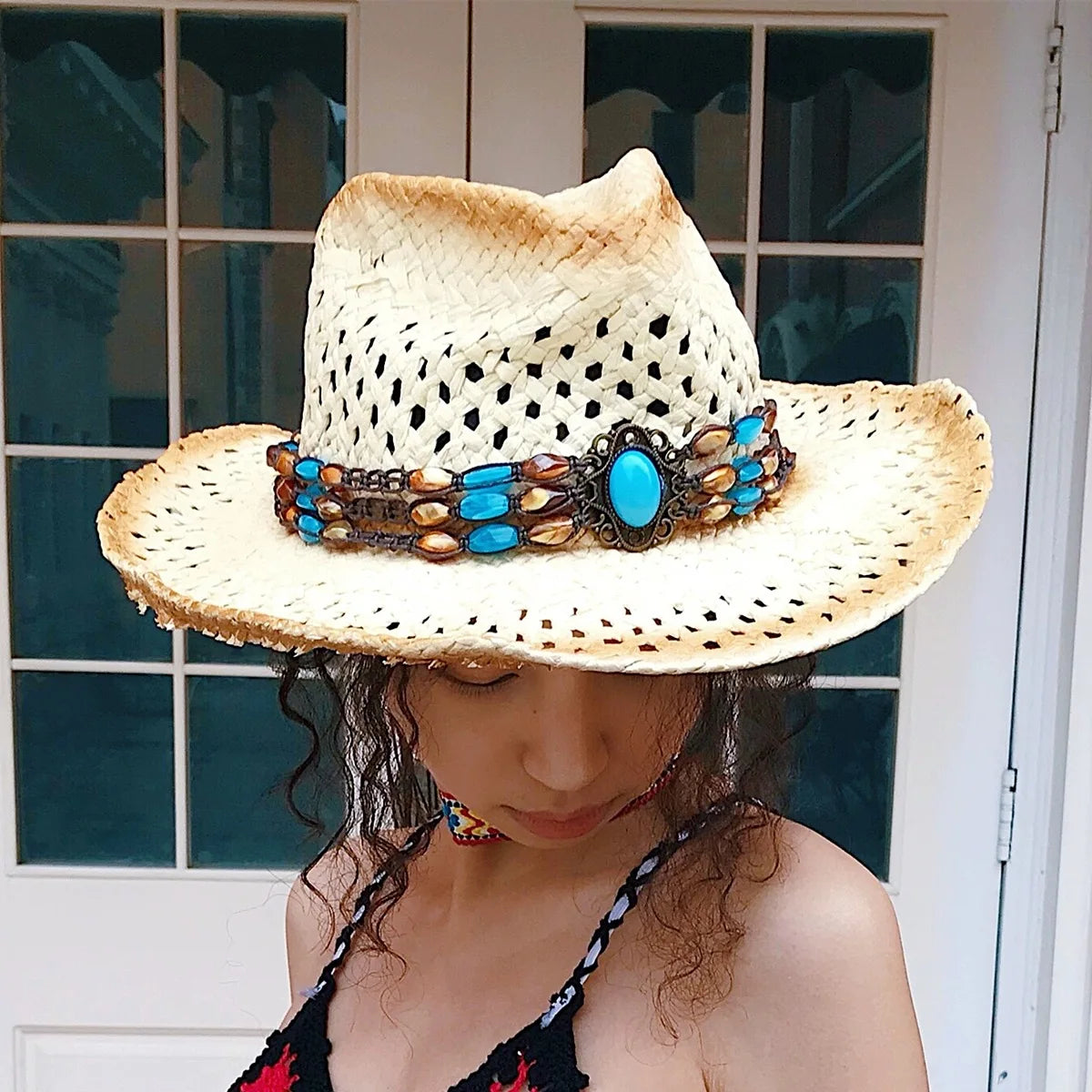 New Unisex Exotic Style Retro Bandhnu Travel Cowboy Hats Outdoor Beading Beach Sunshade Niche Straw Caps Versatile Hollow Out