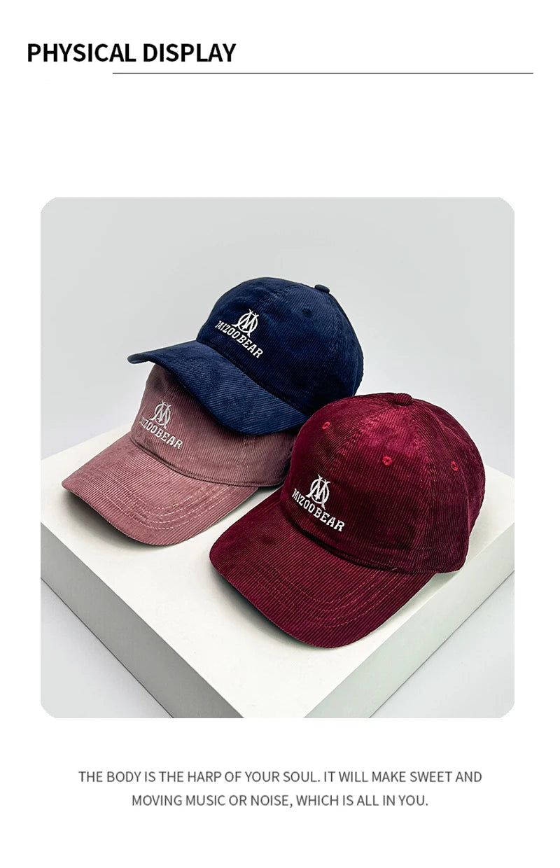 New Unisex Korean Embroidered M Letters Baseball Hats Corduroy Breathable Casual Sunshade Peaked Caps Versatile Fashion Outdoor