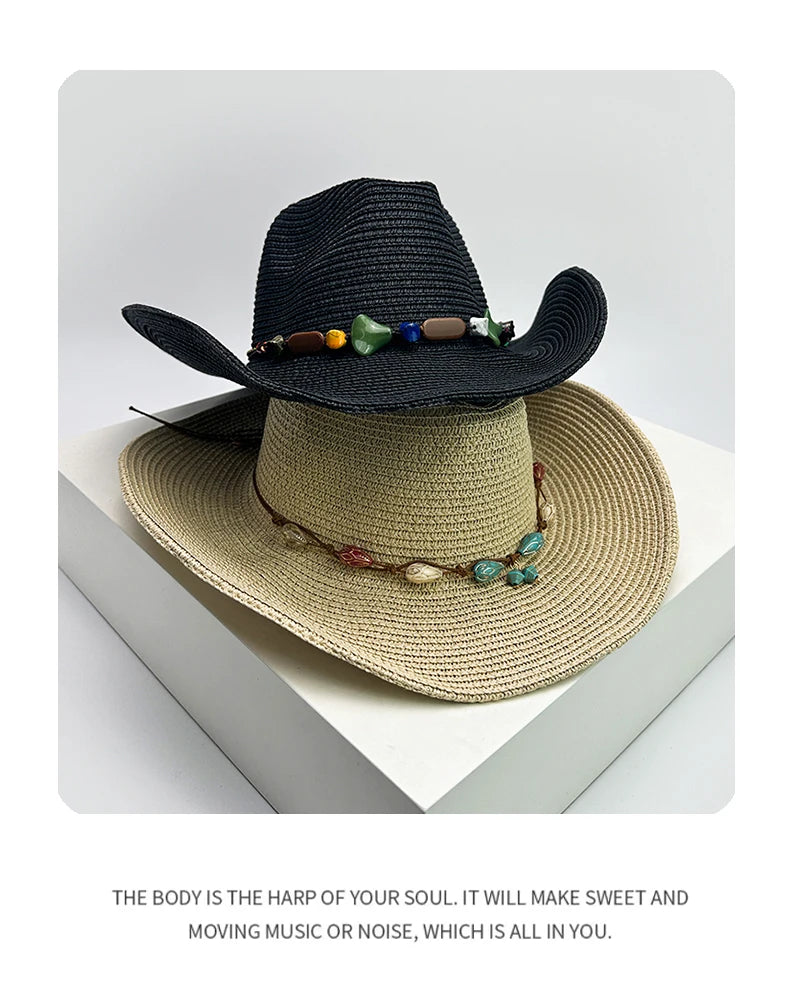 New Unisex Wide Eave Jazz Cowboy Hats Travel Sunshade British Style Versatile Casual Outdoor Straw Wove Cap Climb Foldable Beach