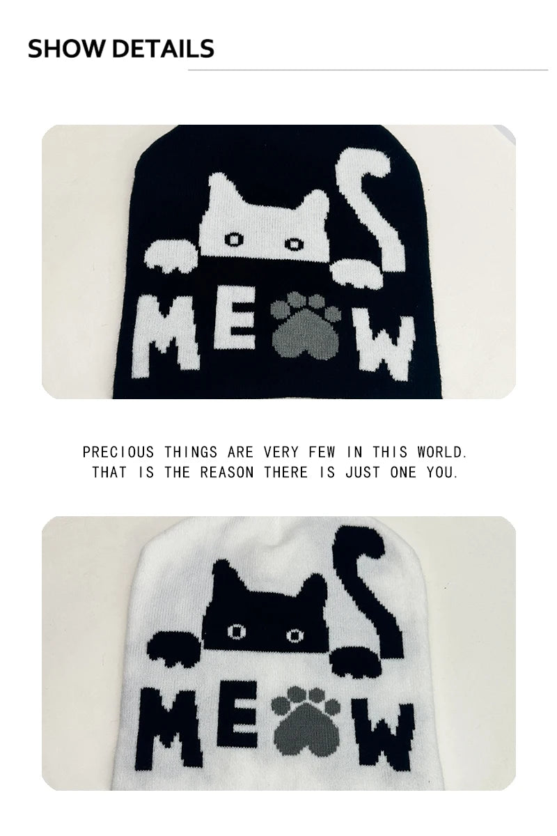 Autumn and Winter New Cartoon Cat Wool Knitted Hats Warm Color Block Hip Hop Versatile Beanies Personal Casual Fashion European