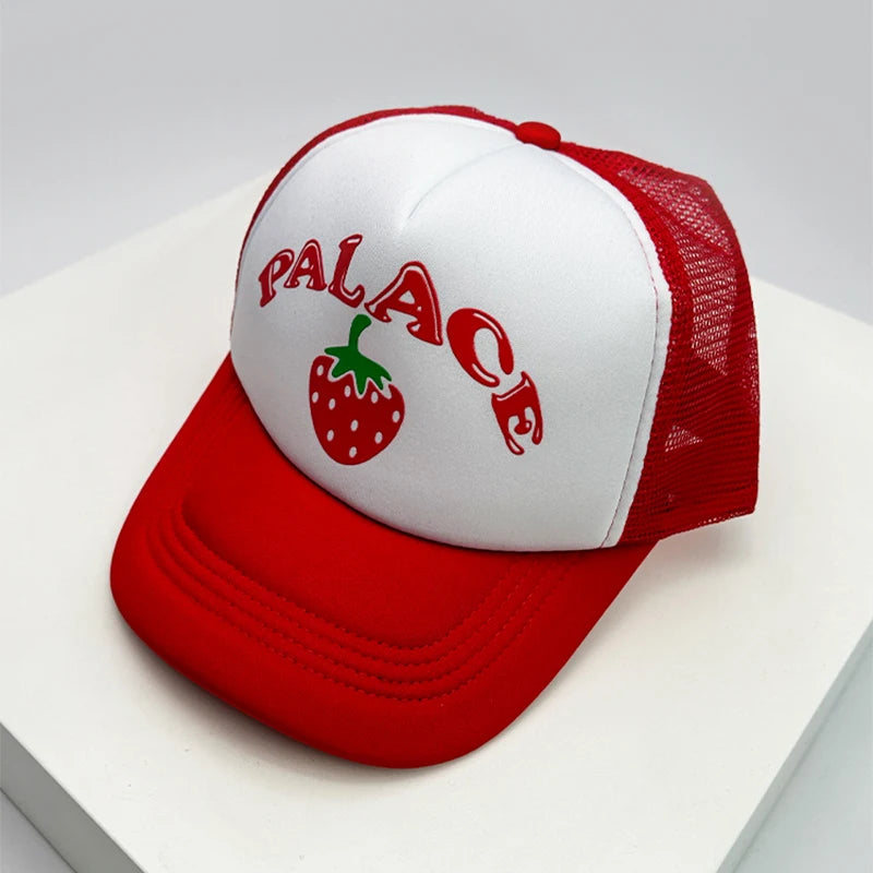 New Men Women Pattern Strawberry Letter Half Mesh Caps Sunshade Breathable Baseball Hats Versatile Fashion Hip Hop Street ins