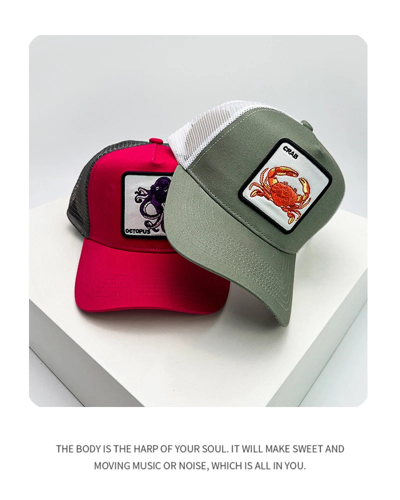 New Men Women Color Block Embroidery Cartoon Marine Animals Baseball Hats Personal Breathable Trucker Cap Mesh Hip Hop Versatile