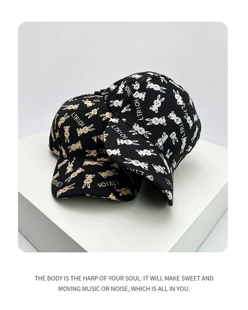 New Unisex Cute Rabbit Print Letter Baseball Hats Breathable British Retro Sunshade Outdoor Peaked Caps Versatile Fashion Casual