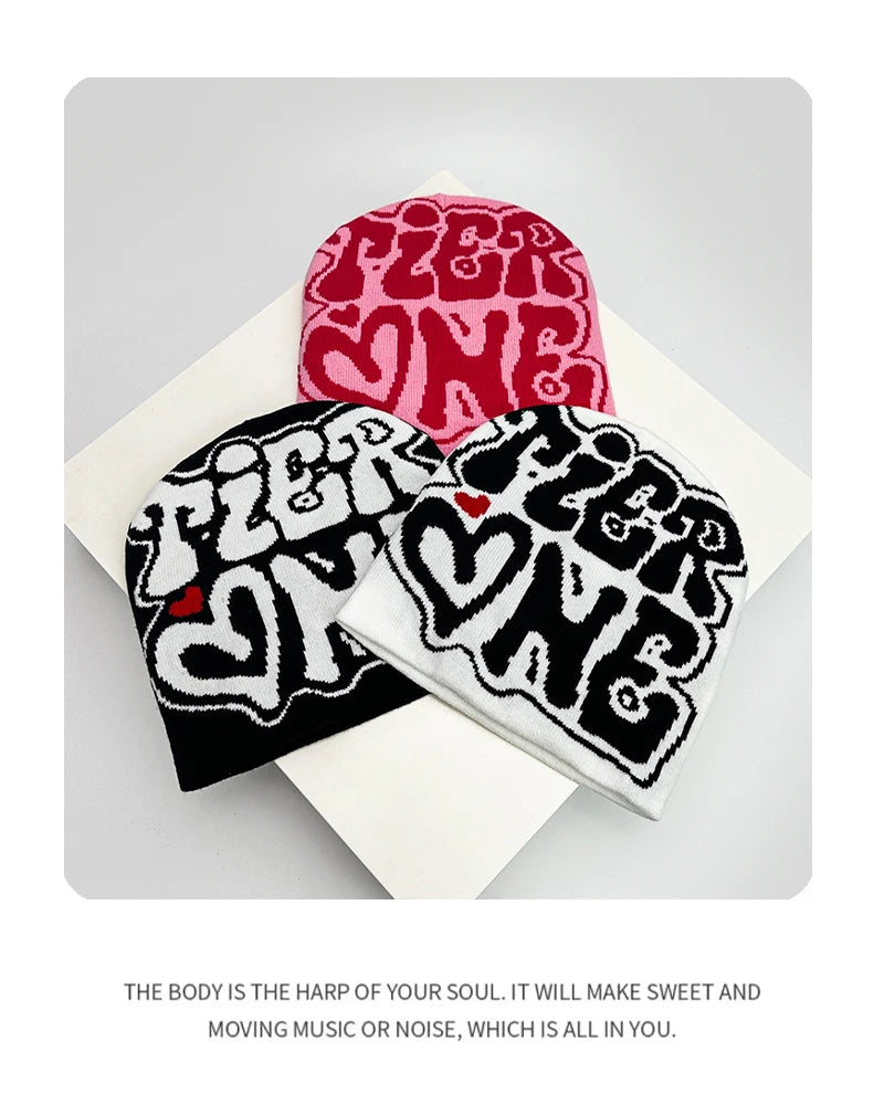 Autumn and Winter Street Letter Love Wool Knitted Hats Warm Hip Hop Skullies Comfortable Versatile Color Block Fashion Personal