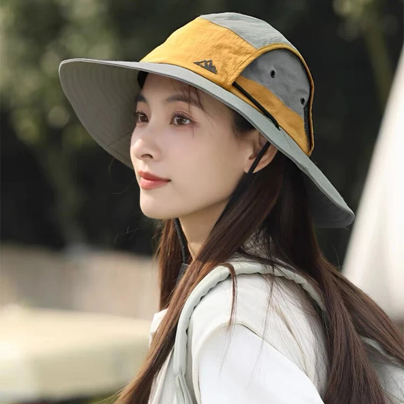 New Unisex Quick Drying Retro Bucket Hats Color Block Sunshade Outdoor Breathable Drawstring Casual Alpine Cap Versatile Fashion