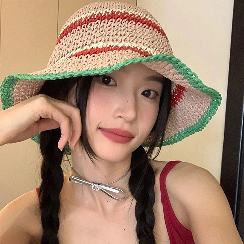 New Women Color Block Striped Bucket Hats Beach Sunshade Outdoor Breathable Casual Versatile Straw Caps Fashion Sweet Travel ins