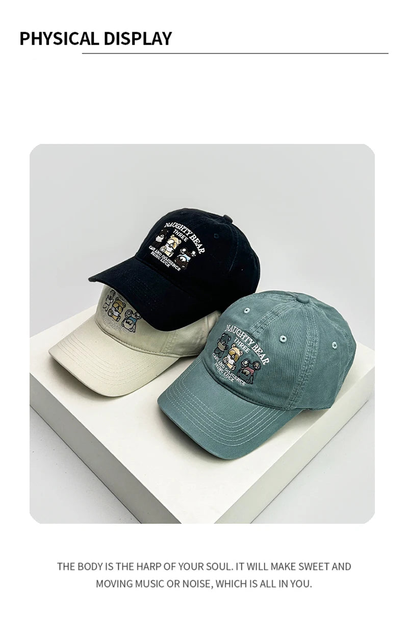 New Unisex Cartoon Bear Letter Embroidery Baseball Hats Cute Breathable Casual Sunshade Peaked Caps Versatile Fashion Student