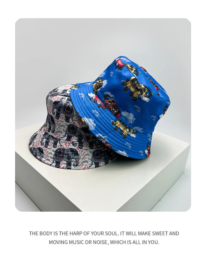 New Unisex Print Elephant Horse Bucket Hats Graffiti Sunshade Double Sided Wearable Fashion Casual Fisherman Cap Versatile Retro