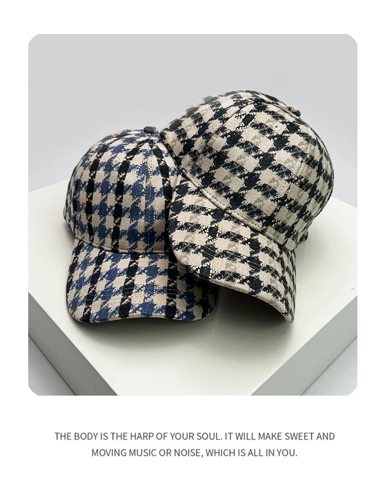 Autumn and Winter Men Women New Versatile Stripe British Style Baseball Caps Check Fashion Cotton Warm Soft Houndstooth Retro