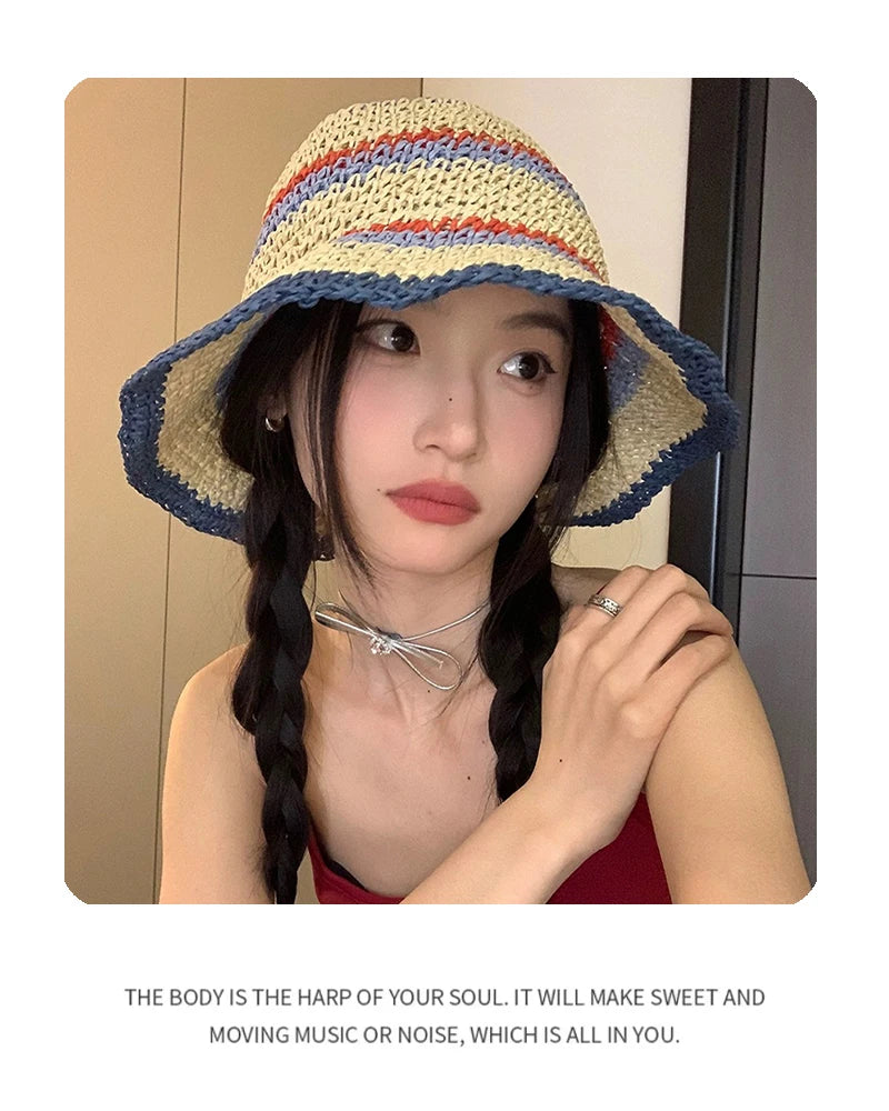 New Women Color Block Striped Bucket Hats Beach Sunshade Outdoor Breathable Casual Versatile Straw Caps Fashion Sweet Travel ins