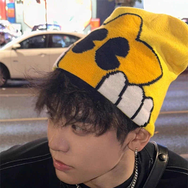 Autumn and Winter New Cartoon Five-pointed Star Knitted Hats Hip Hop Warm Color Block Versatile Beanies Personal Fashion Street